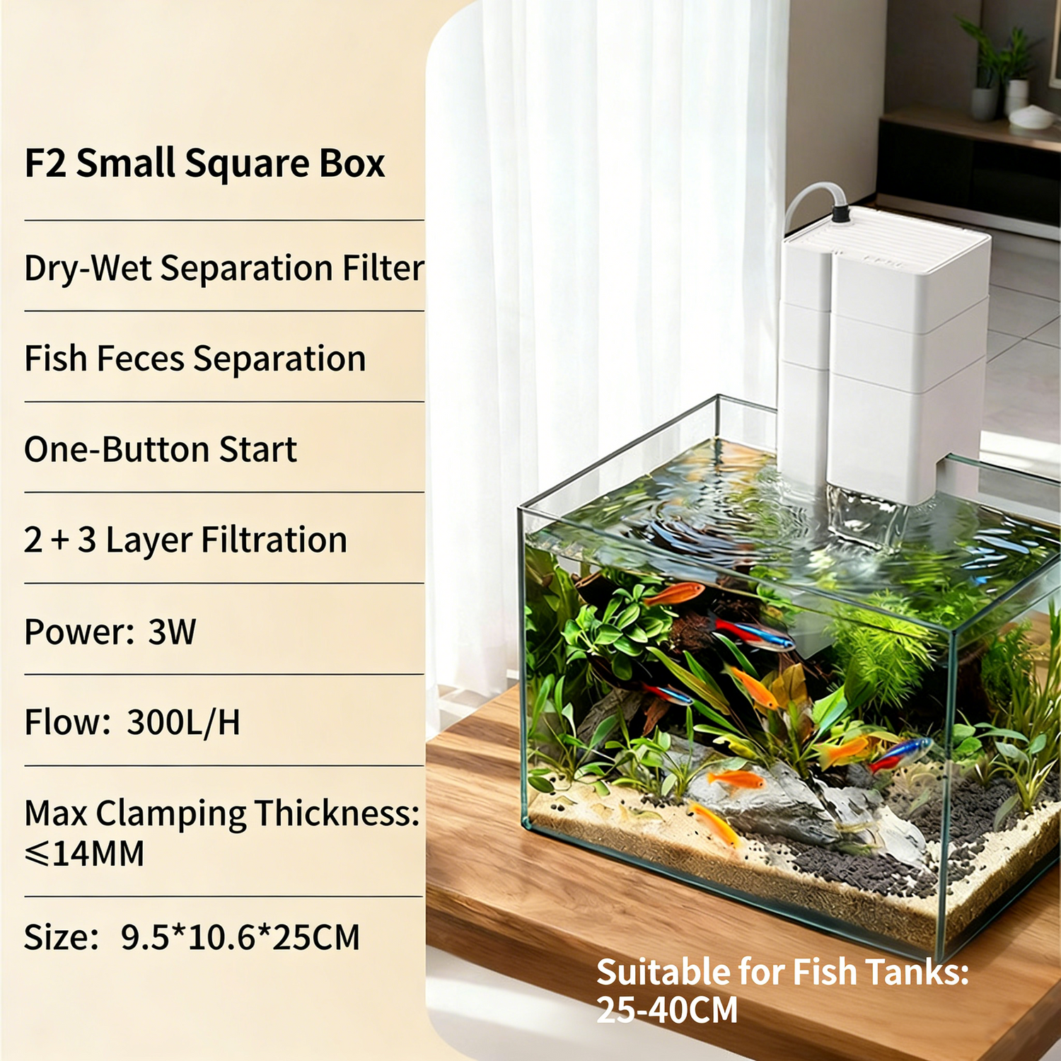 3-in-1 Internal Filter - Mini In-Tank Clip-On Dry-Wet Separation Filter for 15-60CM Aquariums